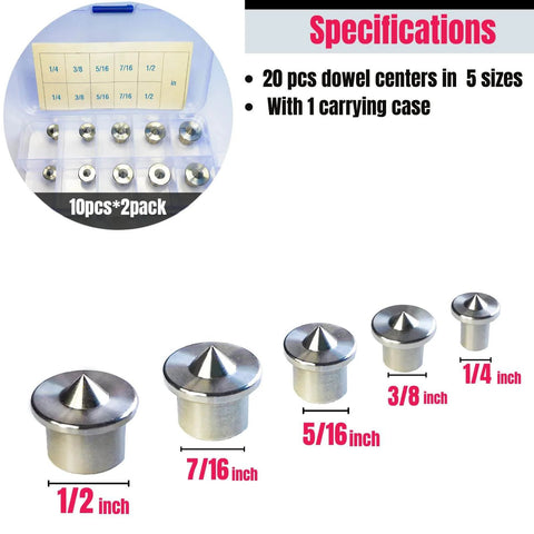 Stainless Steel Dowel Pin Centers Drilling Hole Tool Set For Woodworking, 20 Pc Centering Pins Various Sizes With Carrying Case