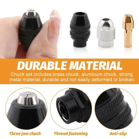 All In One Keyless Drill Chuck Collet Set For Rotary Tools 1/32 To 1/8 Inch Shanks, durable material, three jaw chuck and anti-slip features