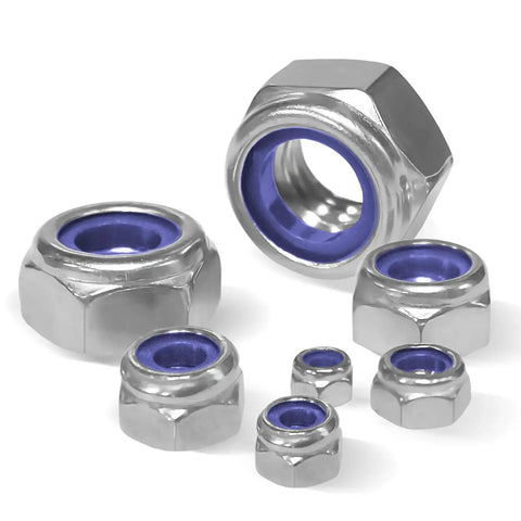 Nylon Insert Lock Nut Set, 140Pcs Metric Lock Nuts M3-M12 Anti Loosening in 304 Stainless Steel, displayed in various sizes