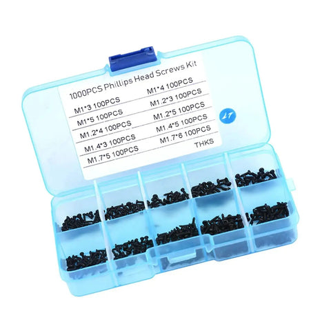 1000 Piece Stainless Steel Self Tapping Screw Kit M1 To M1.7 For Eyeglasses Watches Laptops Cameras And RC Repairs Go To Multi Purpose Assortment With Anti Rust Finish in a blue compartmentalized box