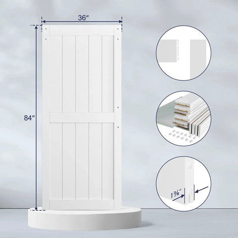 36 By 84 Inch White Sliding MDF Barn Door With Six Point Six Foot Black Sliding Door Hardware Kit And Handle Pre Drilled Ready To Assemble Waterproof PVC Coating H Frame Durable Primed MDF And PVC Construction For Water Resistance And Stable Performance, front view with dimensions and close-up materials.