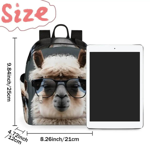 Women Mini Backpack Purse With Alpaca Print, shown with iPad for scale, lightweight polyester, casual shoulder bag.