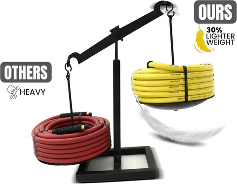 OilShield Next-Gen Air Hoses, 3/8 in x 15 ft, red and yellow hoses coiled on a black display stand.
