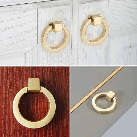 6 Pcs Brushed Brass Cabinet Ring Pulls Set In Zinc Alloy With Durable Single Hole Design Includes 22mm And 40mm Screws Installed on Cabinets