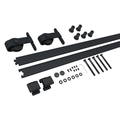 Heavy Duty Black Top Mounted Barn Door Hardware Kit For Aluminum Framed Glass Doors With A 6.6 Foot Rail System components