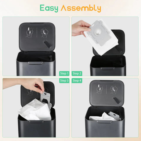 Roomba-compatible vacuum bag system; black disposal bin with lid open, step 1
Hands insert white replacement bag into Roomba bag system, step 2
Hand places bag into bag holder inside black bin, step 3
Disposal bin loaded with bag inside and lid open, step 4