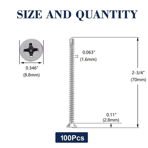 Diagram showing size of Ten By Two And Three Quarters Inch Sheet Metal Screws Flat Head Tek Screws Self Tapping 100 Pcs 410 Stainless Steel