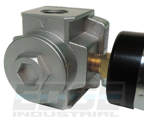 Heavy-duty inline air pressure regulator with brass 3/4 in NPT inlet, gray metal body and black adjustment knob