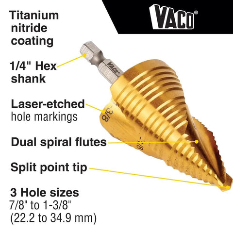 Step Drill Bit Set For Thin Metal Plastic Aluminum And Wood Seven Eighths To One And Three Eighths Inch Double Spiral Flutes