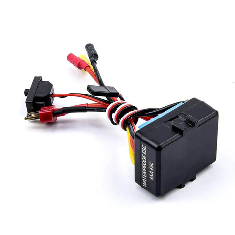 Waterproof 35A Brushless ESC for RC cars showing 2 to 3S battery support, 5V 2A BEC, wires for heat dissipation, programmable box view