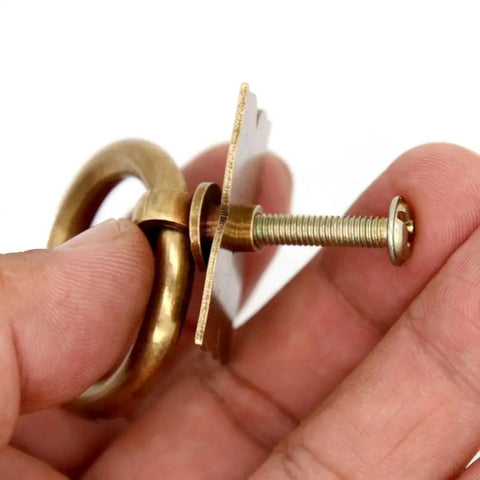 Set Of 4 Vintage Antique Bronze Ring Pulls In Pure Solid Brass Four Leaf Clover Base Retro Cabinet Hardware close-up angle