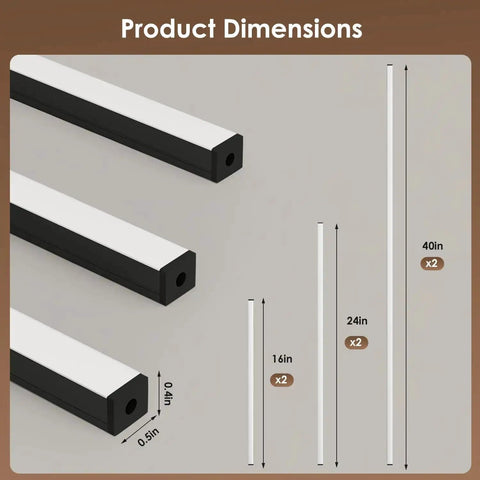 Six Piece Slat Wall Light Kit For Wood Panels With Adhesive Black LED Strips dimensions: 16, 24, 40 inch lengths, warm dimmable lighting