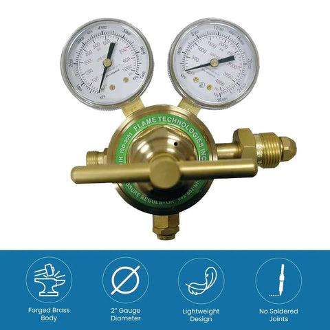High Pressure Piston Regulator For Inert Gases With Forged Brass Body And Bonnet Dual Scale Gauge