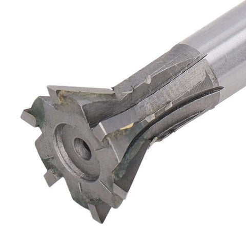 Close-up of 25mm dovetail milling cutter with 6 flute carbide end mill, 60 degree, straight shank, used for ferrous and nonferrous metals
