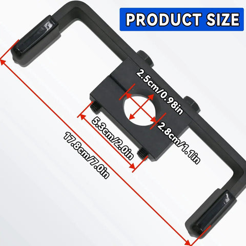 Black automotive crankshaft positioning tool kit with camshaft holding block and two long handles.