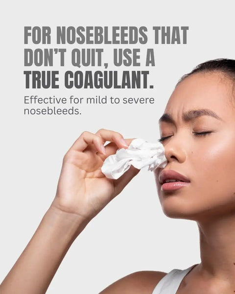 Person using Fast Acting Nosebleed Strips With Blood Coagulant Foam Inserts That Clot Blood On Contact For Rapid Hemostasis