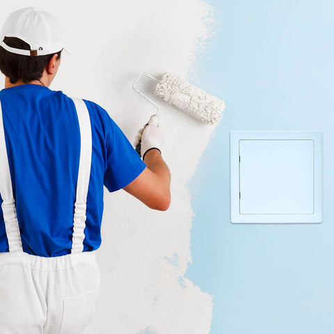 QWORK 10x10 inch plastic drywall access panel with removable door installed in a light blue wall.
