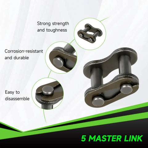 Close-up of 5 master links from 35 Chain 140 Links Chain Breaker Kit For Mini Bikes And Go Karts Compatible With Coleman CT100U