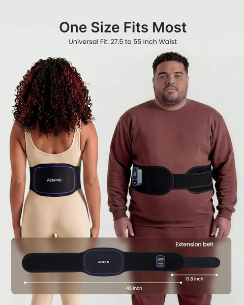 Two people wearing the Dope Cordless Heating Pad For Back Pain With 3 In 1 Red Light Therapy Belt, showing front and back fit
