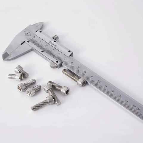 Caliper measuring Beefy M6 Socket Head Cap Screws Set in 304 Stainless Steel, Fully Threaded, Bright Finish, Metric Allen Hex Drive