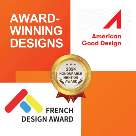 Design award badges including American Good Design Award and French Design Award logos with a 2024 Honourable Mention emblem.