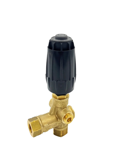 Brass pressure washer unloader valve with black adjustment knob, 4500 PSI, 10.5 GPM.
