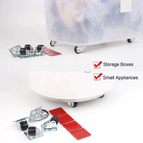 Half Inch Mini Swivel Caster Wheels With Steel Top Plate Self Adhesive Nylon Rolling Casters For Furniture And Small Appliances Low Profile 55 Lb Load Capacity Ideal For Storage Boxes Bins Toy Carts 8 Pack shown attached to storage box and appliance.