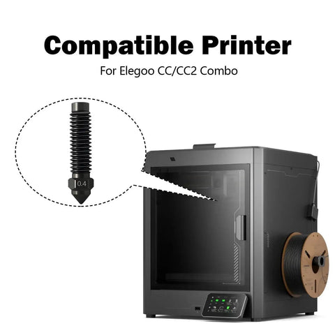 Six Piece Hardened Stainless Steel Nozzle Kit For Elegoo Centauri CC CC2 3D Printer with side view of printer and nozzle close-up