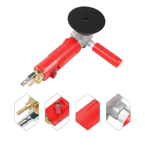 Front and close-up view of 4 Inch Pneumatic Wet Stone Polisher with Water Jet for Marble Granite Concrete Polishing Air Sander 4300 RPM Pro Grade