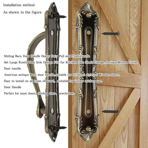 Heavy Duty Sliding Barn Door Pull Handle Bronze Set With Large Rustic Two Sided Design For Gates Garages Sheds And Furniture Solid Alloy Antique Door Handle In Bronze Tone 6.85 Inch installed on wooden door