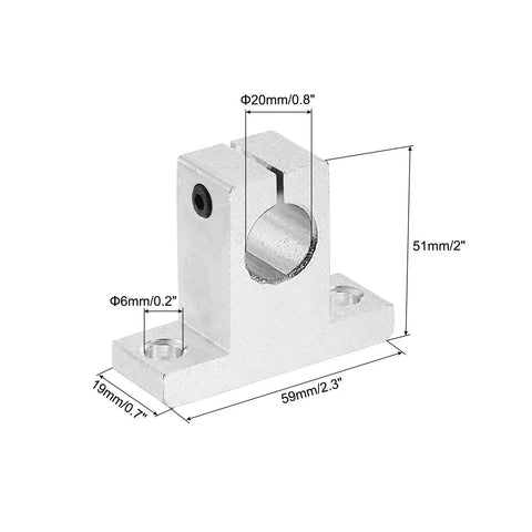 Front view of 4 Piece SK20 Aluminum Linear Rod Rail Shaft Support Clamps For 20mm Shaft With 6mm Mount Holes Heavy Duty CNC Machine 3D Printer Mounting Brackets In Silver Tone, showing dimensions.