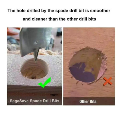 Comparison of holes drilled by Six Piece Spade Drill Bit Set With Quick Change Hex Shank and other bits, showing clean cut with paddle bit.