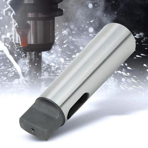 Angled side view of MT5 to MT4 taper reducing adapter sleeve in high-speed steel for lathe milling