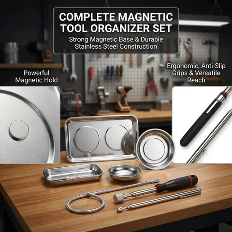Telescoping Magnetic Pickup Tools Set With A Pro Grade 31 Inch Reach, 25 Inch Pen Style Magnet, and Magnetic Trays in garage