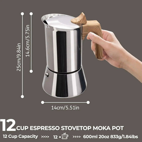 12 Cup Moka Pot Stainless Steel Coffee Maker Stovetop Espresso Coffeemaker 304 Grade Uncoated Finish Built Tough Italian Classic Greca Style For Cafeteras Camping Travel Home 600ml 20oz
