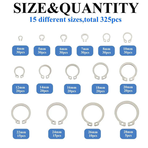 325 Pieces 304 Stainless Steel External C Clips Circlips Retaining Snap Ring Assortment Set For Shafts Cylinders Valves Machinery and DIY Enthusiasts Pro Grade Outdoor Projects shown in various sizes from 4mm to 28mm.
