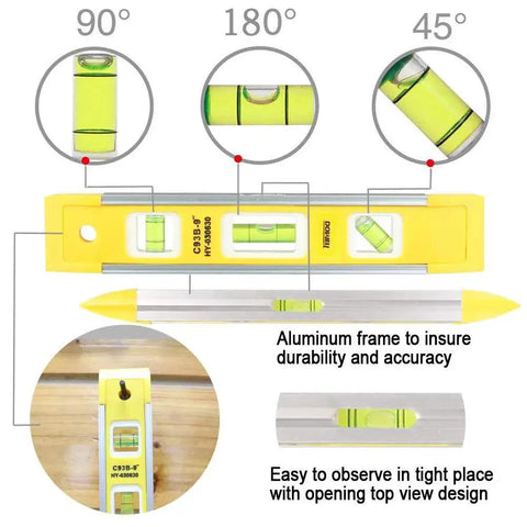 Diagram of a 9 Inch Magnetic Box Level Torpedo Level With 3 Bubbles For 45 Degree 90 Degree And 180 Degree Angles, showing its features.