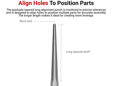 Diagram of long tapered shaft of punch for hole alignment in mechanical assembly, part of Long Alignment Punch Set Three Piece With Three Sixteenth Inch One Quarter Inch And Five Sixteenth Inch Punches For Precise Hole Alignment In Mechanical Assembly Ideal For Automotive And Fabrication Shops Heat Treated Hardened Steel Durable Made In USA