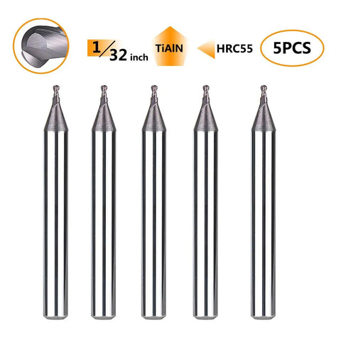 Carbide Ball Nose End Mills Set 5Pcs TiAlN Coated Up Cut Spiral Router Bits for CNC Milling Metal and Steel Engraving, front view