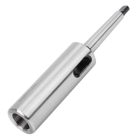 Close-up of a steel Morse taper drill sleeve adapter MT1-MT2 with side slot