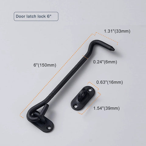 Close-up of 6-inch sliding latch and eye hook from 4 Piece Stainless Barn Door Lock Gate Hardware Kit, black finish