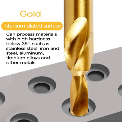Gold titanium plated drill bit for processing stainless steel, iron, aluminum, titanium alloys with high hardness below 35°.