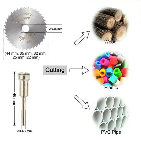 Pro Grade 30 Piece Cutting Wheel Set With HSS Circular Saw Blades diagram for wood, plastic, PVC pipe cutting uses