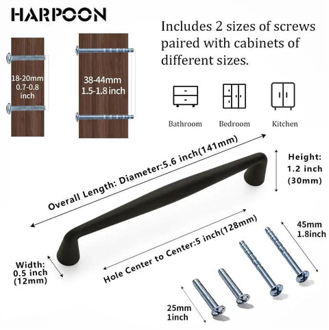 Diagram showing 10 Pack Matte Black Cabinet Handles With 5 Inch Hole Center Solid Zinc Alloy Drawer Pulls with screws