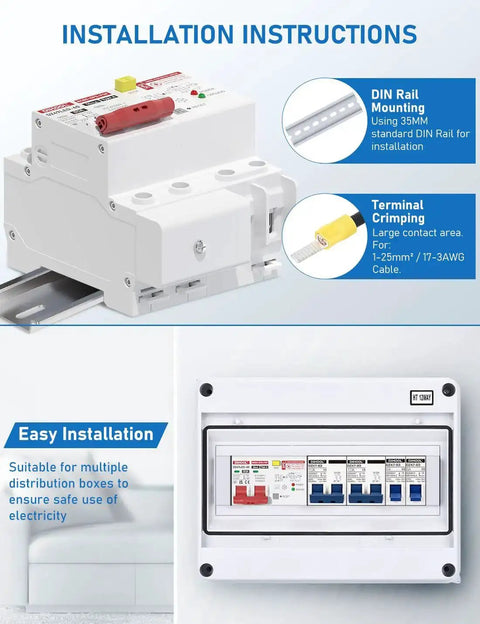 Installation instructions for 50 Amp GFCI Breaker For Hot Tub Disconnect 240V With Panel Surge Protector and LED Status Light, shown with DIN rail.