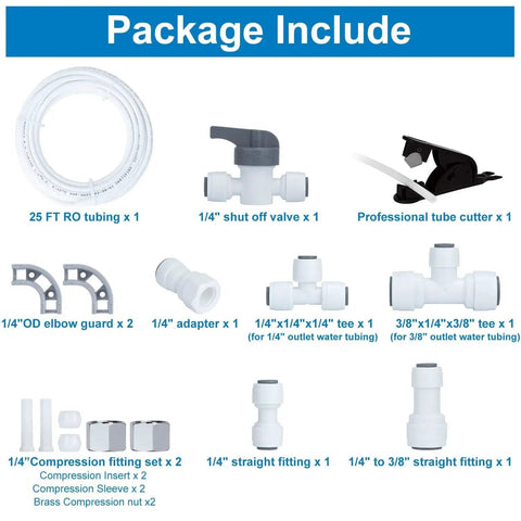 Refrigerator water line kit with 25 ft RO tubing, 1/4 in shut-off valve, tube cutter, tees, adapters, and elbows.