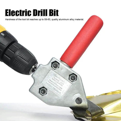 Power Sheet Metal Cutter Head For Electric Drill with 7mm Hex Shank, attached to drill, cutting metal sheet, DIY tool upgrade.