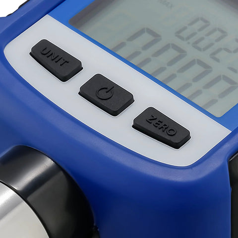 MEASUREMAN digital pressure gauge, blue handheld device with three black buttons and LCD display
