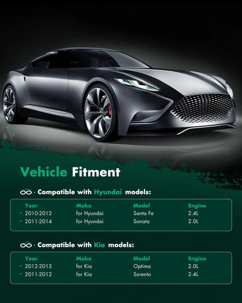 Futuristic car with compatibility chart for Hyundai and Kia models, including 110 Amp 12 Volt Alternator Replacement For Hyundai Sonata 2.0L 2011 2012 2013 Santa Fe 2.4L 2010 2012 Optima 2.0L 2012 2013 Sorento 2.4L 2011 2012 With 6 Groove Pulley OE 11493