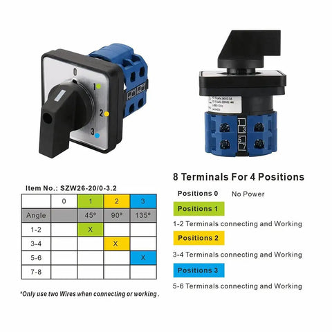 Beefy Rotary Cam Changeover Switch 20A 660V Four Position Selector Switch with eight terminals, showing positions and connections.